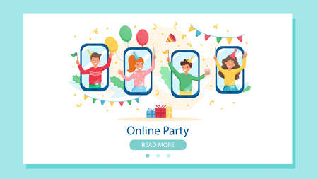Online party concept illustration. Happy people in screen smartphone celebrating. Flat vector illustration. landing page.のイラスト素材