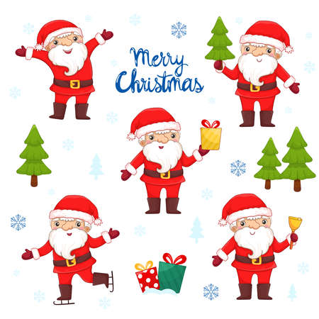 Collection of Christmas Santa Claus. Set of funny cartoon characters with different posture and Christmas, New Years objects.のイラスト素材
