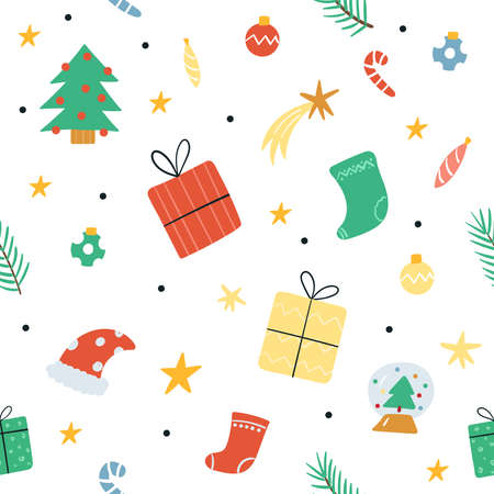 Happy Holidays pattern. Christmas decorations. Hand drawn new year seamless patternのイラスト素材