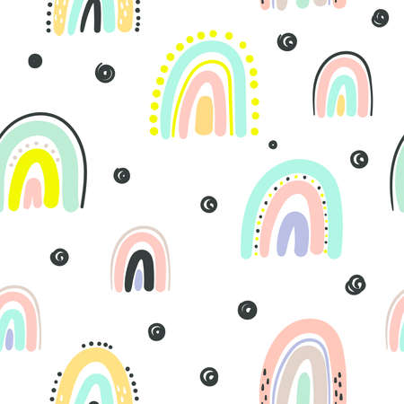 Hand drawn cute rainbow seamless pattern. Rainbow print for baby textiles, fabrics and baby shower cards.のイラスト素材
