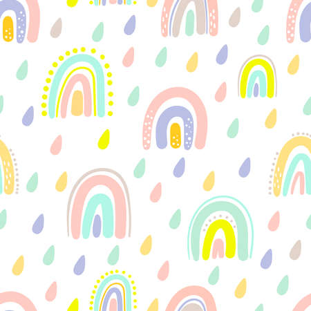 Hand drawn cute rainbow seamless pattern. Rainbow print for baby textiles, fabrics and baby shower cards.のイラスト素材