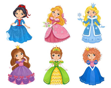Set with cartoon girls. Vector illustration with princesses in colorful dresses.のイラスト素材