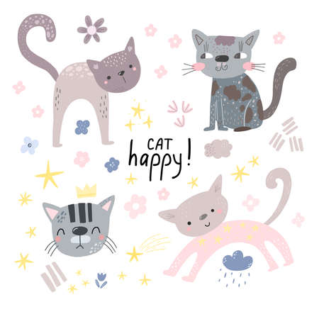Set hand drawn cute cats. Vector set with cute cat for fabric, textile and wallpaper design. Vector cat in scandinavian style.のイラスト素材