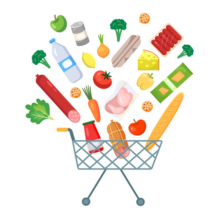 Products falling in shopping cart, isolated on white. Supermarket grocery cart with different groceries. Vector illustration in flat style, design templateのイラスト素材