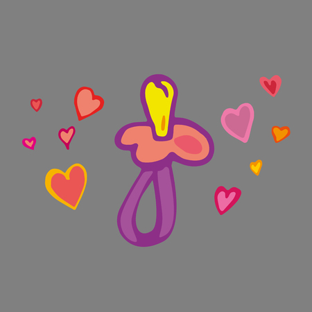 Children style drawing of pacifier. Colorful pacifier on background of flying hearts . Vector Illustrationのイラスト素材