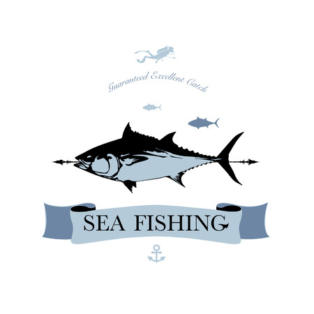 Sea fishing logo Large tuna fish on spear and fisherman Vector Illustrationのイラスト素材