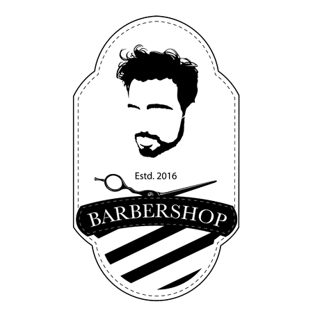A Logo for barbershop, hair salon with hipster head and barber scissors Vector Illustrationのイラスト素材