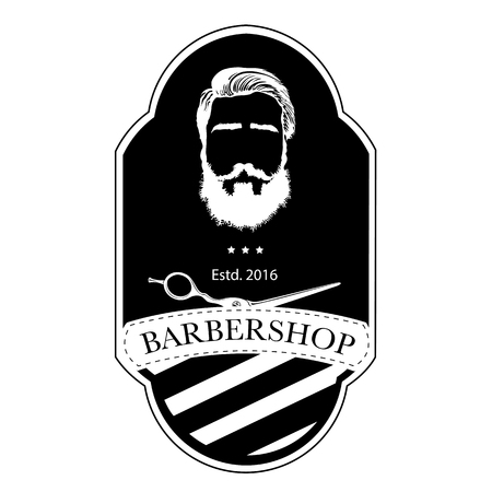 Logo for barbershop, hair salon with hipster head and barber scissors Vector Illustrationのイラスト素材