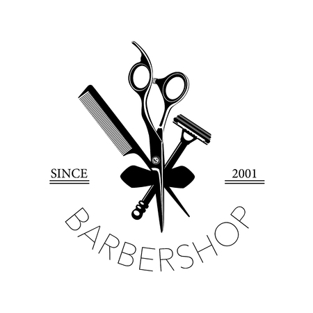 A Logo for barbershop, hair salon with barber scissors, razor and comb Vector Illustrationのイラスト素材