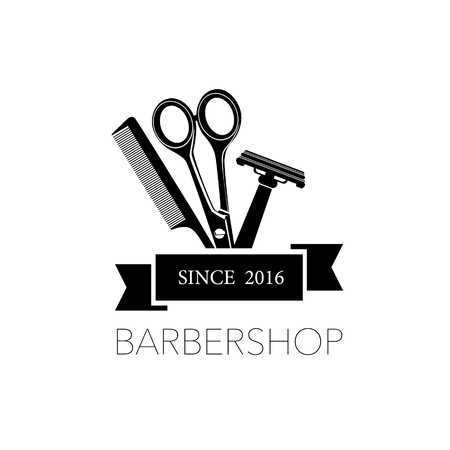 A Logo for barbershop, hair salon with barber scissors, razor and comb Vector Illustrationのイラスト素材