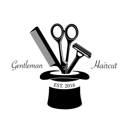 Logo for barbershop, hair salon with barber scissors, razor and comb Vector Illustrationのイラスト素材