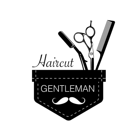 A Logo for barbershop, hair salon with barber scissors, razor and comb Vector Illustrationのイラスト素材
