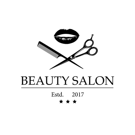 Logo for beauty salon with woman's lips, scissors and comb. Vector Illustrationのイラスト素材