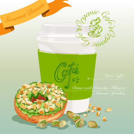 Gourmet donut meal. Donut with pistachio filling and almond sprinkles coupled with green coffee. Vector Illustrationのイラスト素材