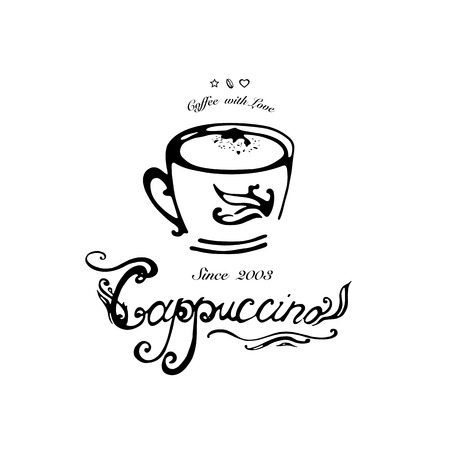 Hand drawn logo for cafe, coffee outlet or coffee company with cappuccino cup. Vector Illustrationのイラスト素材