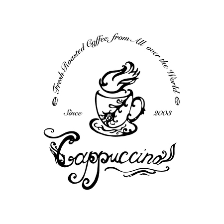 Hand drawn logo for cafe, coffee outlet or coffee company with cappuccino cup. Vector Illustrationのイラスト素材
