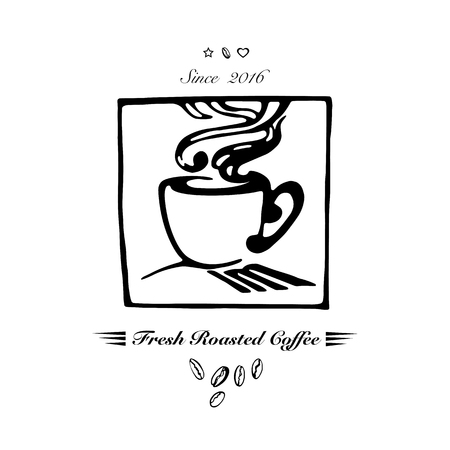 Hand drawn logo for cafe or coffee company with steaming coffee cup. Vector Illustrationのイラスト素材