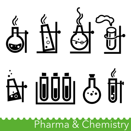 Set of pharma and chemistry icons. Chemical reactions in retorts and test tubes. Vector Illustrationのイラスト素材