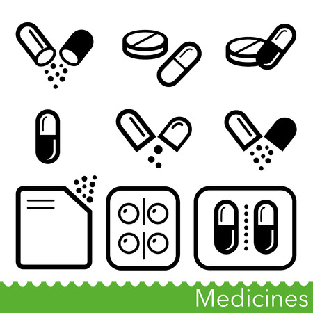 Set of medicines icons. Capsules, pills, powders and tablet packs. Vector Illustrationのイラスト素材