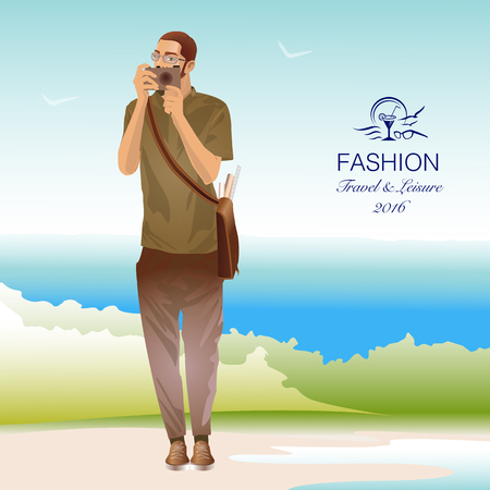 Handsome male tourist with camera on beach. Vector Illustrationのイラスト素材
