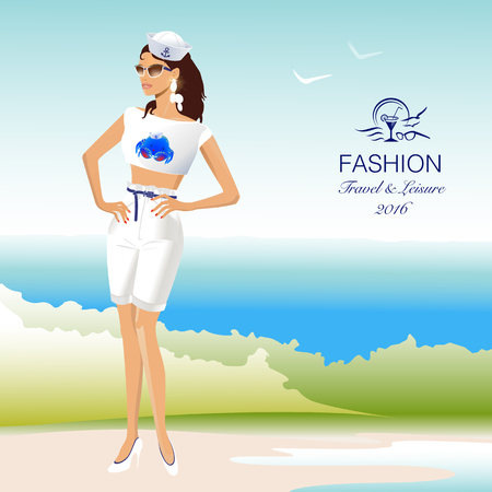 Beautiful stylish woman in sailor, marine uniform on beach. Fashion model. Vector Illustrationのイラスト素材