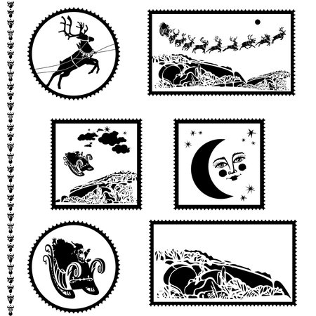 Christmas and New Year postal stamps. Stamps with Santa Claus sleigh and reindeers and other images. Vector Illustrationのイラスト素材