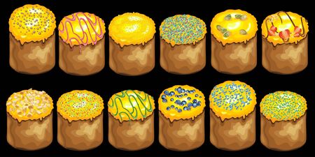 Set of Easter cakes with toppings. Traditional Easter holiday baked food. Vector Illustrationのイラスト素材