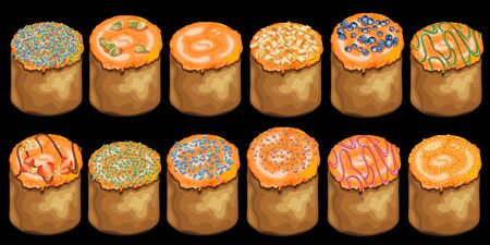 Set of Easter cakes with toppings. Traditional Easter holiday baked food. Vector Illustrationのイラスト素材