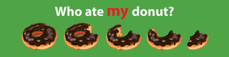 Funny poster with donuts. Whole donut with chocolate topping and its bitten pieces. Vector Illustrationのイラスト素材