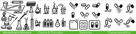 Set of life sciences and laboratory icons. Microbiological laboratory, medicine, pharma, chemistry and phytopreparation signs. Vector Illustrationのイラスト素材