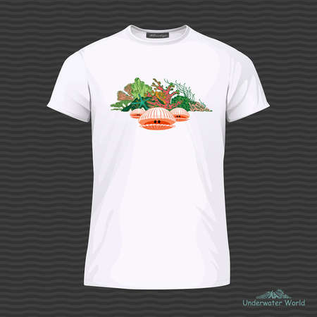 White T-shirt with sea shell and corals. Vector Illustrationのイラスト素材