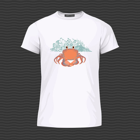 White T-shirt with cute crab and corals. Vector Illustrationのイラスト素材