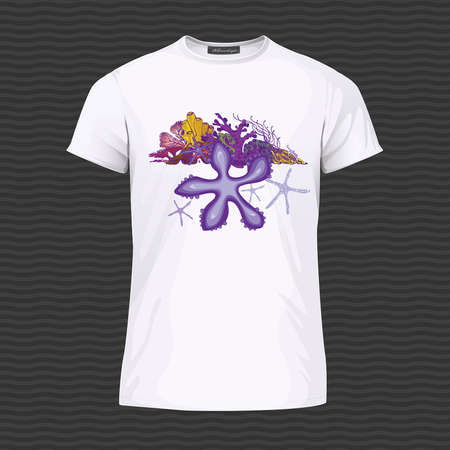 White T-shirt with starfishes and corals. Vector Illustrationのイラスト素材