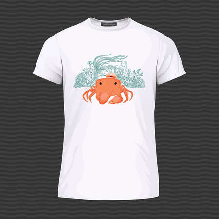 White T-shirt with cute crab and corals. Vector Illustrationのイラスト素材