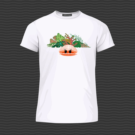 White T-shirt with cute shell and corals. Vector Illustrationのイラスト素材