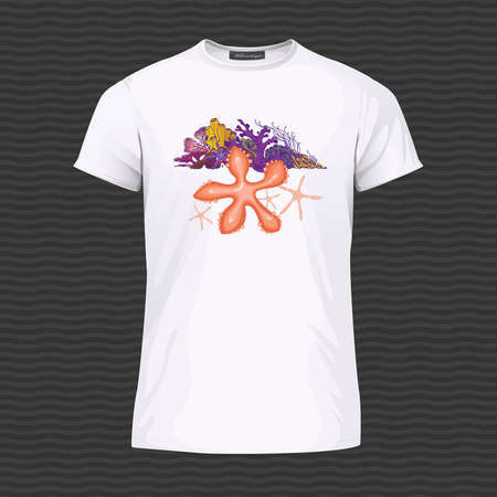 White T-shirt with starfishes and corals. Vector Illustrationのイラスト素材