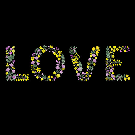 Word watercolor love of flowers on a black backgroundの写真素材