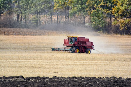 Harvester is working in the field during harvest time.の写真素材