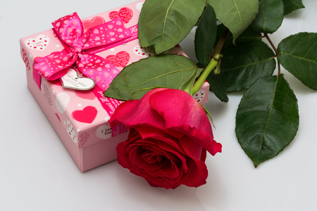 Red rose and box with red hearts. Valentines Day concept.の写真素材