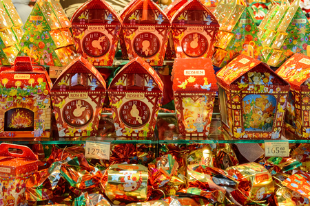 Ukraine, Lviv - December, 15, 2016: Company store confectionery "Roshen" in Lviv on Viacheslava Chornovola Ave. Sale of holiday gifts, sets of chocolates for Christmas and New Year.のeditorial素材