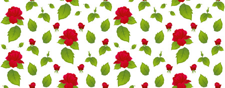 Pattern red roses with green leaves on a white background. Isolated, white background.の写真素材