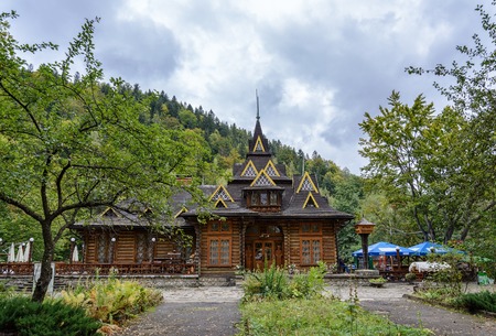 Wooden building restaurant in Yaremche, Ivano-Frankivska oblast, Ukraine. Carpathian Mountains.の写真素材