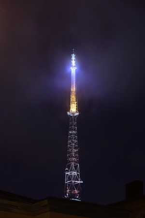 Television tower on a background of the night sky, Lviv, Ukraine.の写真素材