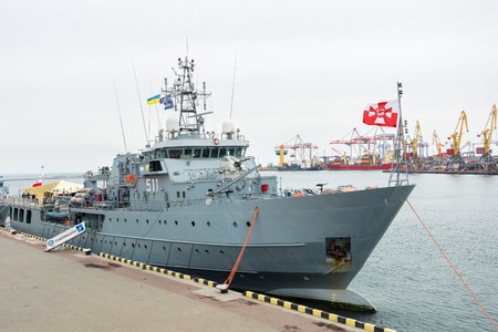 Ukraine, Odesa - March, 18, 2017: In Odessa port military ships were moored from junction of the second permanent naval mine-clearing group of NATO. The staff Polish ship 511 KontradmiraÅ X. Czernickiのeditorial素材