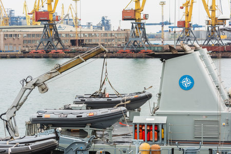 Ukraine, Odesa - March, 18, 2017: In Odessa port military ships were moored from junction of the second permanent naval mine-clearing group of NATO. Marine minesweeper - German M1061 Rottweilのeditorial素材