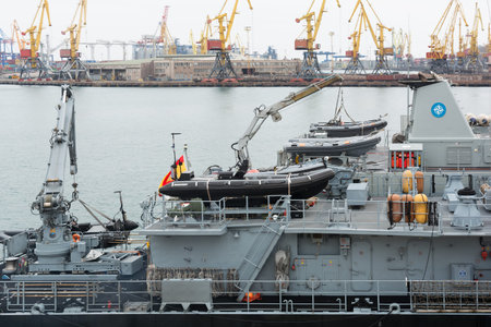 Ukraine, Odesa - March, 18, 2017: In Odessa port military ships were moored from junction of the second permanent naval mine-clearing group of NATO. Marine minesweeper - German M1061 Rottweilのeditorial素材