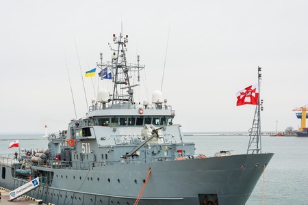 Ukraine, Odesa - March, 18, 2017: In Odessa port military ships were moored from junction of the second permanent naval mine-clearing group of NATO. The staff Polish ship 511 Kontradmiral X.Czernickiのeditorial素材