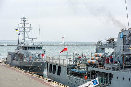 Ukraine, Odesa - March, 18, 2017: In Odessa port military ships were moored from junction of the second permanent naval mine-clearing group of NATO for exercises.のeditorial素材