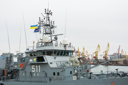 Ukraine, Odesa - March, 18, 2017: In Odessa port military ships were moored from junction of the second permanent naval mine-clearing group of NATO. The staff Polish ship 511 Kontradmiral X.Czernickiのeditorial素材