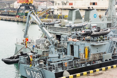 Ukraine, Odesa - March, 18, 2017: In Odessa port military ships were moored from junction of the second permanent naval mine-clearing group of NATO for exercises.のeditorial素材
